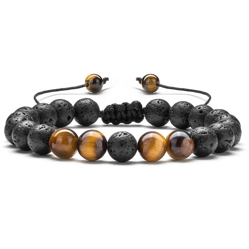 Tiger Eye Couple Bracelets with matte black agate beads, modern geometry design