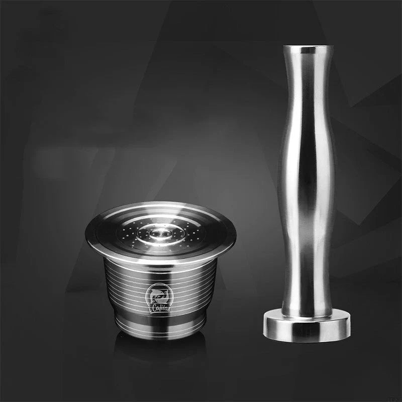 Stainless steel reusable Nespresso coffee capsule with tamper and spoon