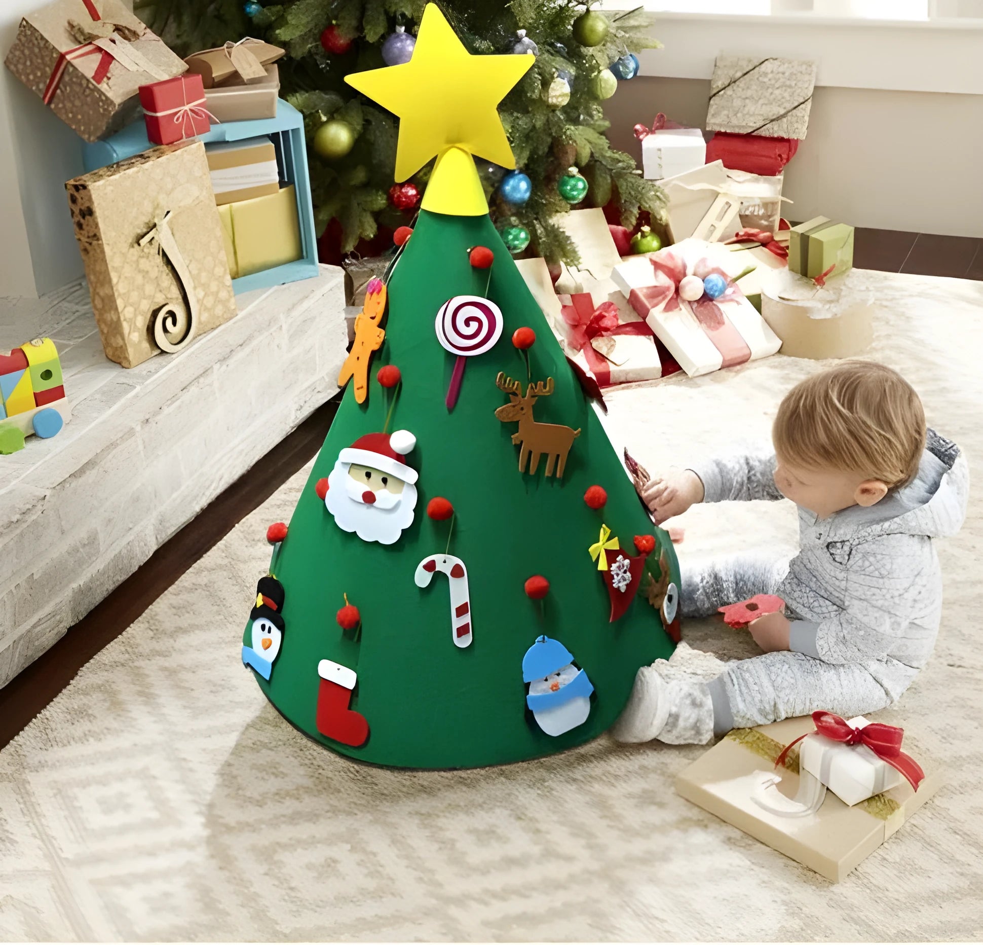 Felt Christmas tree three-dimensional DIY puzzle kit with cone base and felt balls on a surface