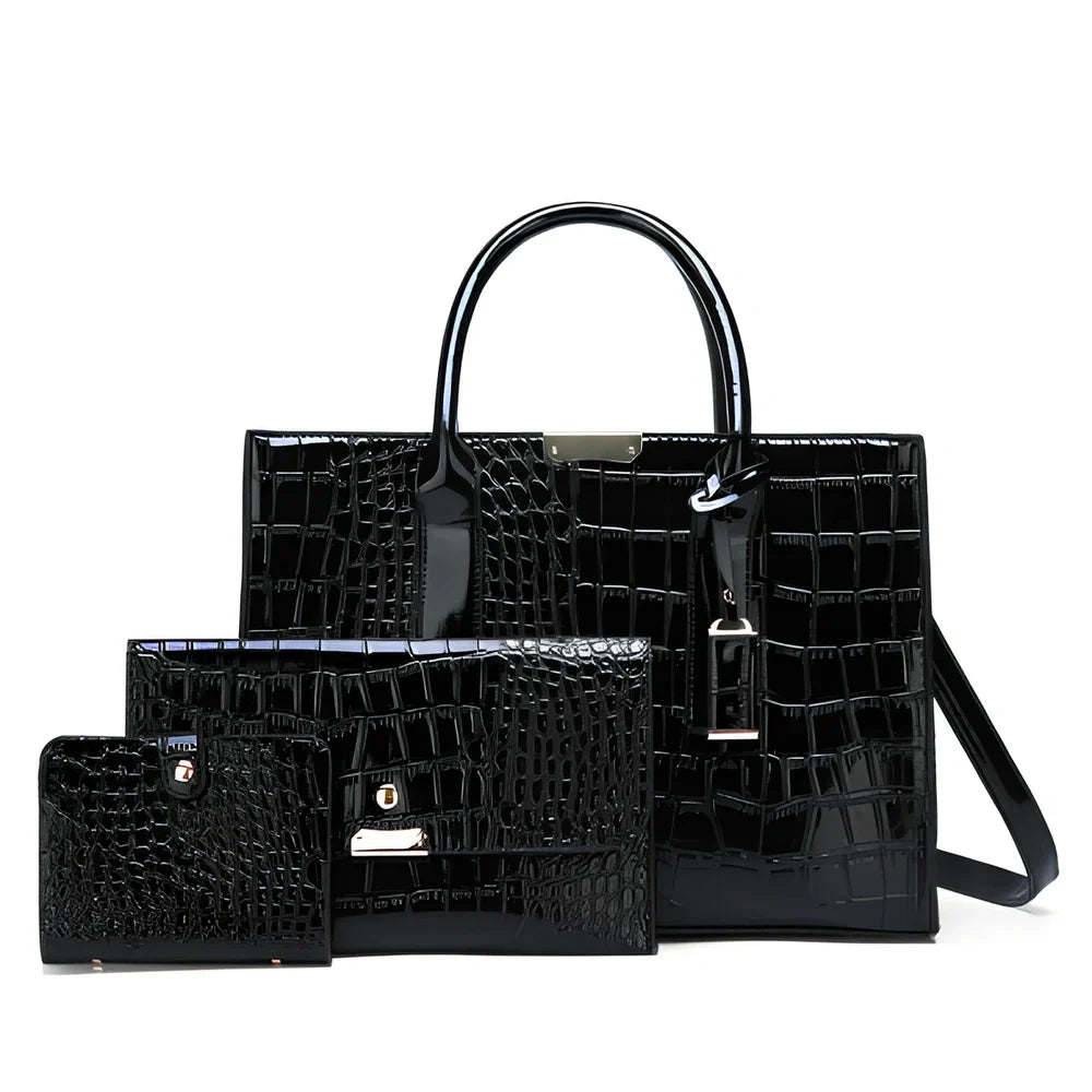 Black women's shoulder diagonal bag with crocodile embossed cowhide, zipper closure, 25cm length square shape