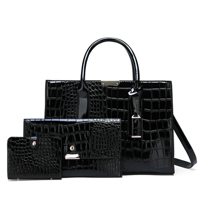 Black women's shoulder diagonal bag with crocodile embossed cowhide, zipper closure, 25cm length square shape