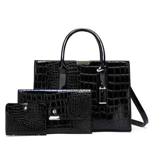 Black women's shoulder diagonal bag with crocodile embossed cowhide, zipper closure, 25cm length square shape