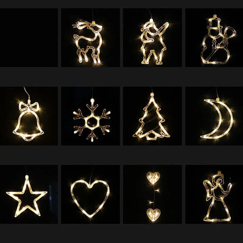 Festive LED Suction Cup Chandelier Lights with various holiday designs including snowmen, reindeer, and stars