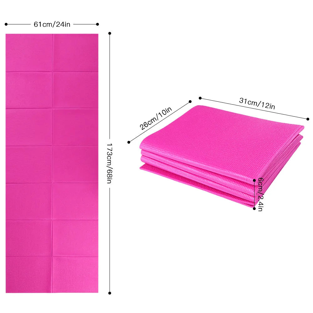 Folding non slip PVC yoga mat with high-density foam cushioning, side handles, and zipper cushion jacket, available in multiple colours
