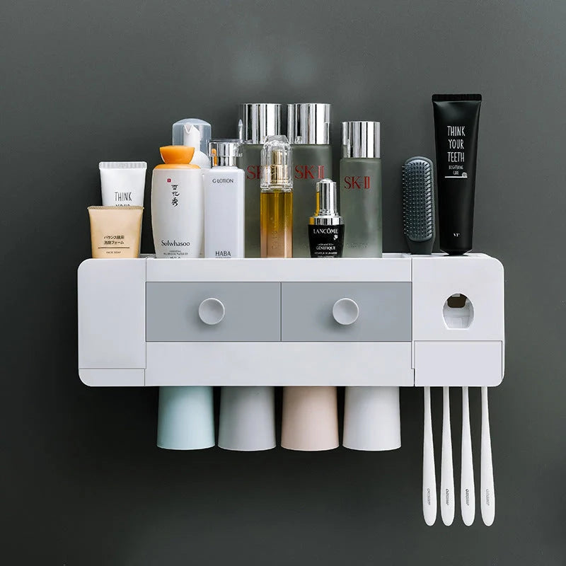 Wall-mounted magnetic toothbrush rack with automatic toothpaste dispenser in white plastic