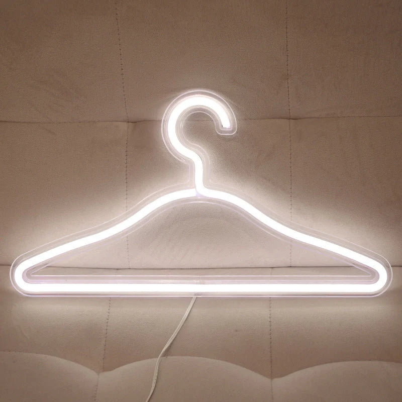 LED Neon Light Sign Clothes Stand USB Powered Hanger in white, pink, and warm light options