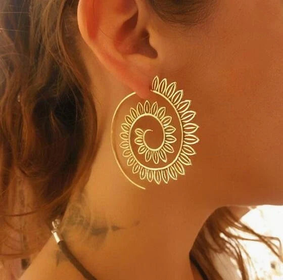 Gold spiral drop earrings with geometric design for women