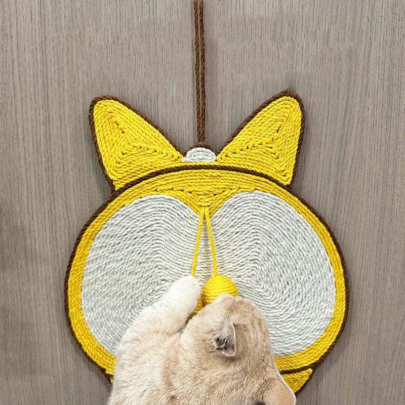 Yellow sisal cat scratching board with corgi design and anti-slip base measuring 37x40cm
