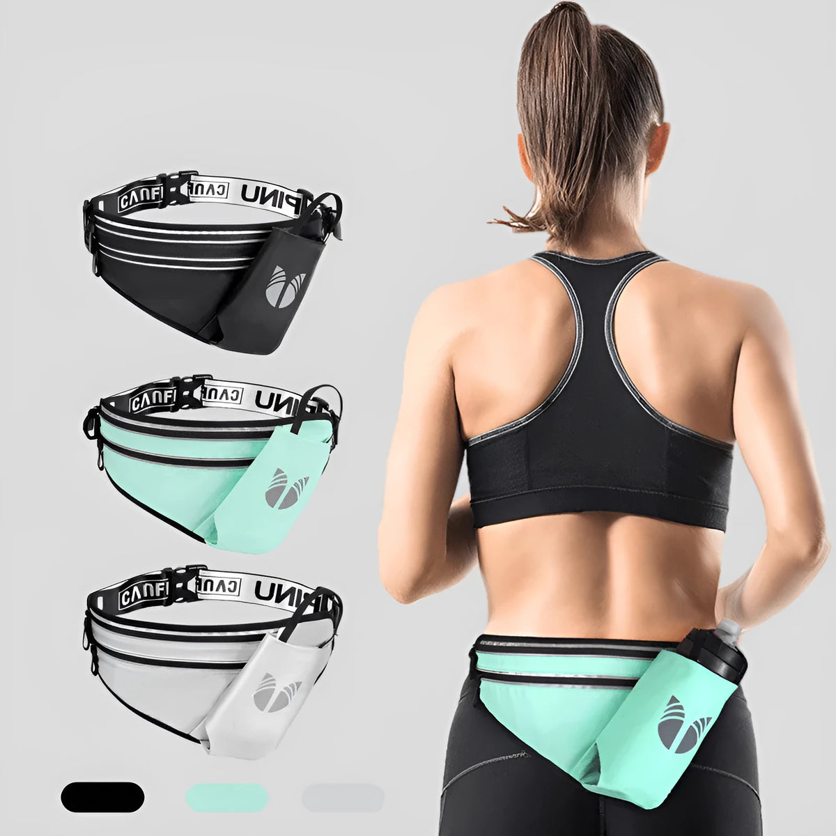 New water bottle pocket belt bag in light-sensitive fabric, 38x17.5cm, for outdoor running, available in black