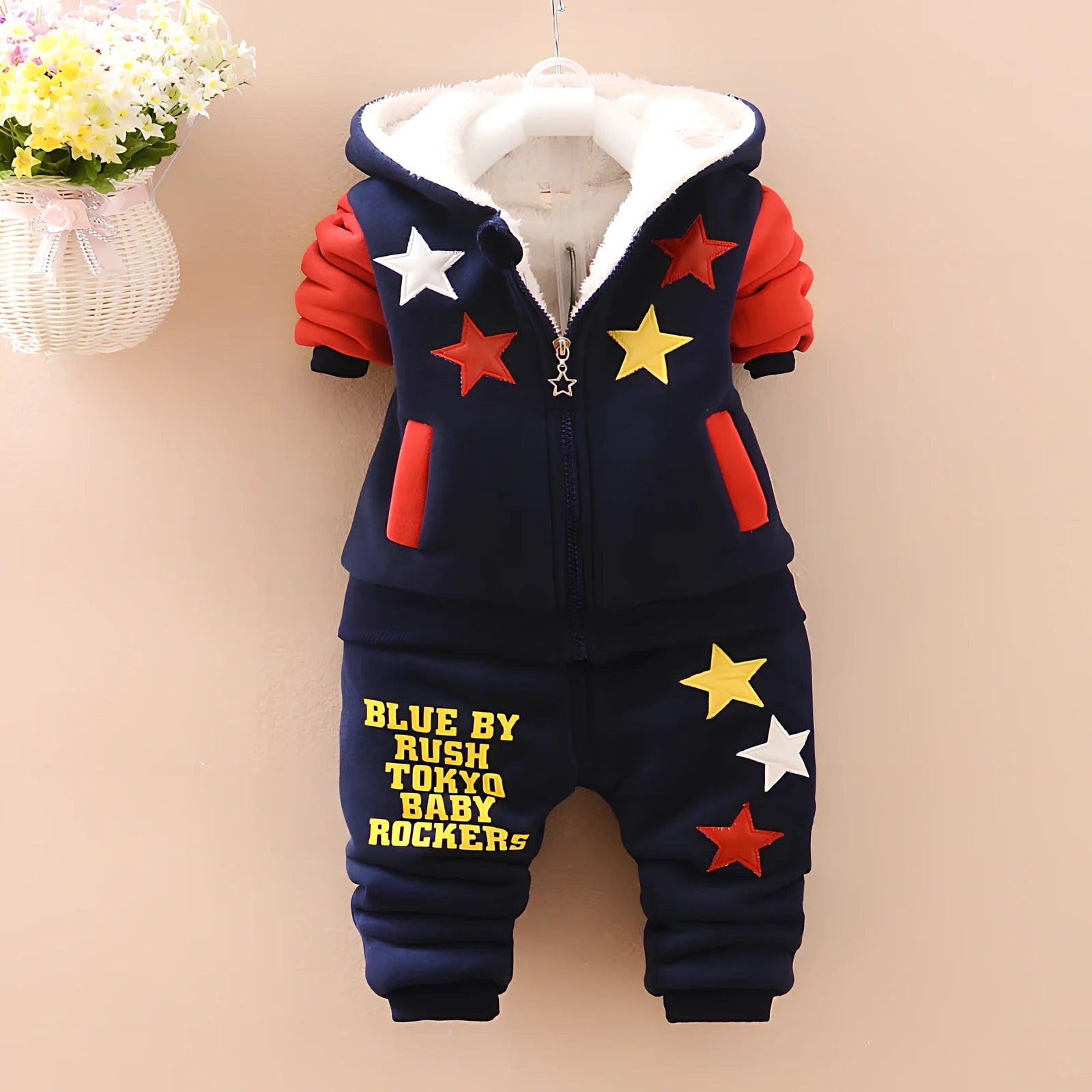 Navy blue velvet round bear three-piece cotton winter pantsuit for children heights 66-120cm, thickened for warmth
