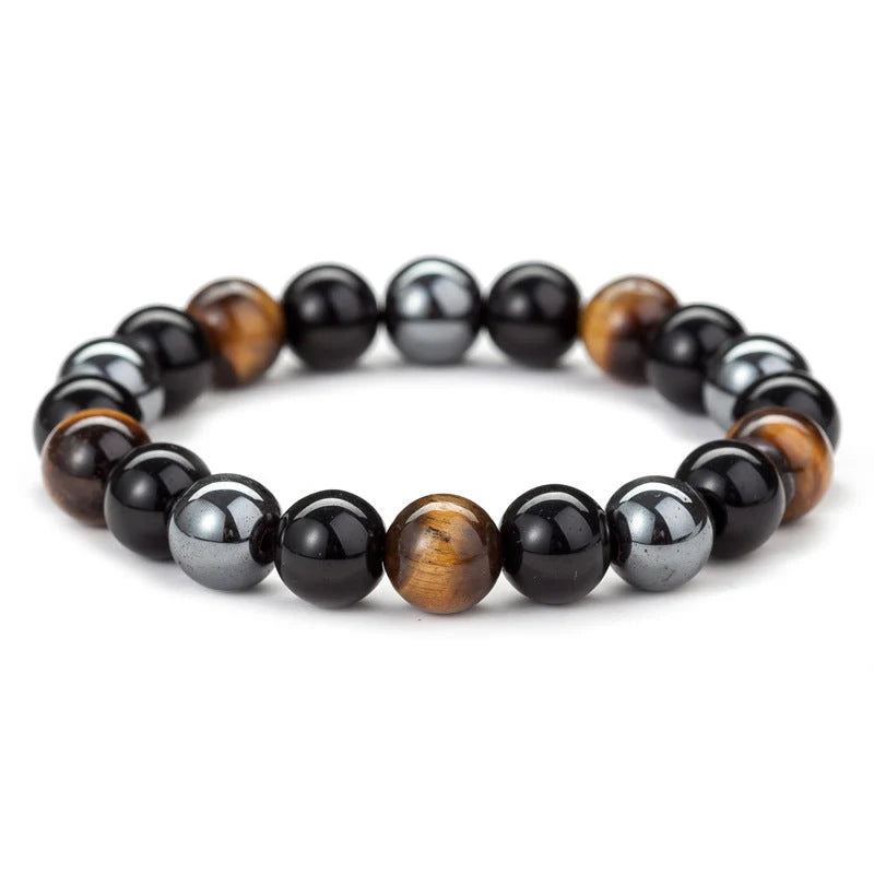 Hand-woven tiger eye stone bracelet in natural colours, showcasing unique texture and geometric design.