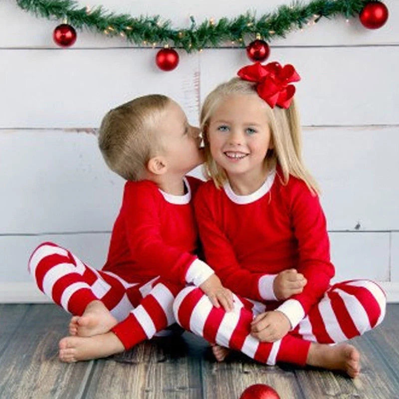 Family striped Christmas pajamas in cotton, available in red and white or green