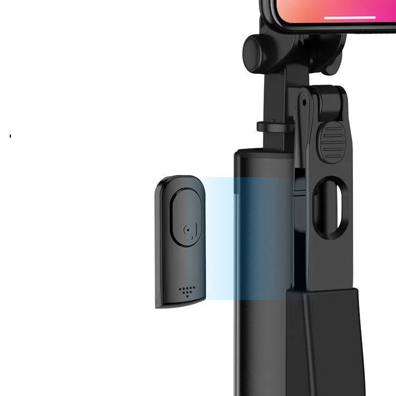 Black aluminium alloy Bluetooth selfie stick with tripod legs extended and remote control, shown at different lengths