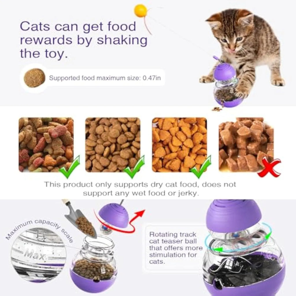Colourful cat wand toy with ribbon ball teaser and rocking food dispenser base on a wooden floor.