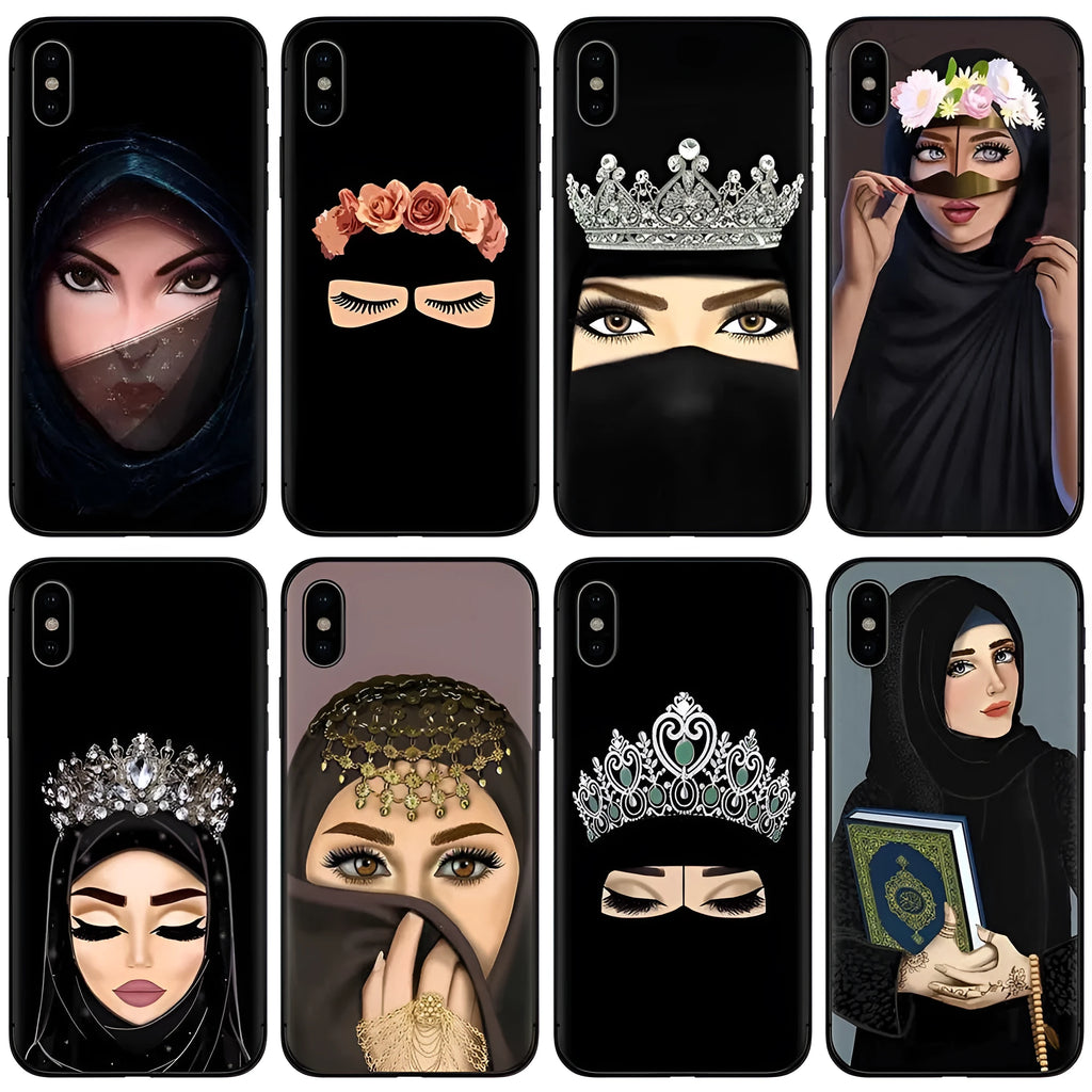 Islamic hijab veil design iPhone case with floral rhinestone patterns on TPU back cover