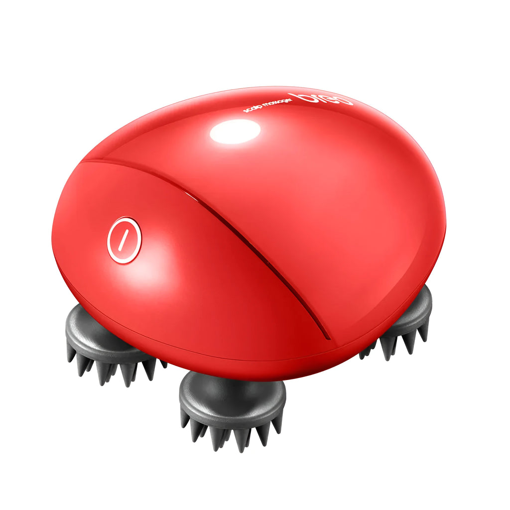 Red DC5V electric scalp massager showing compact 110x120x82mm design