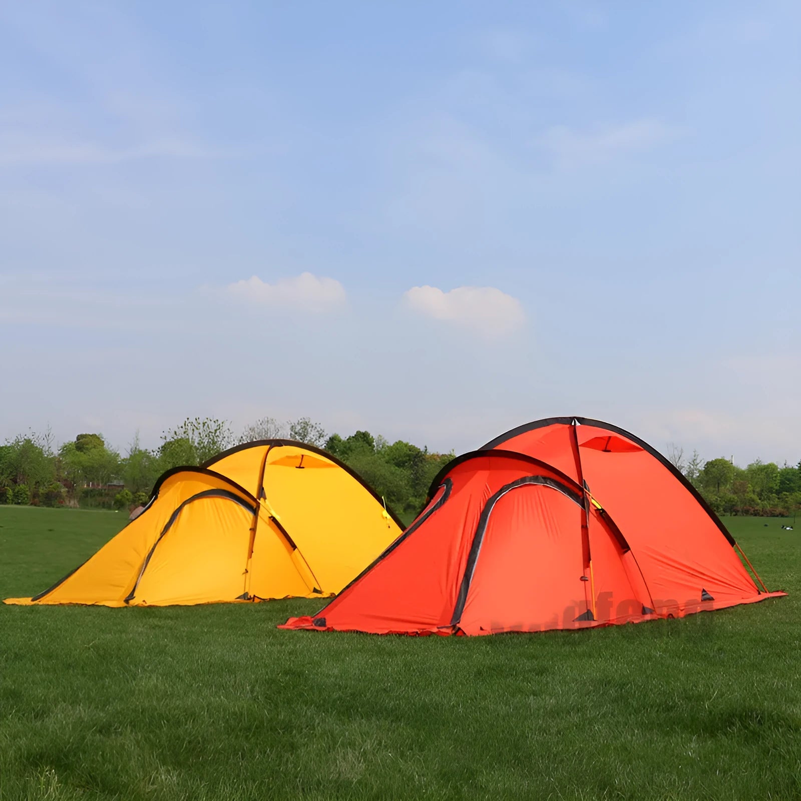 Ultralight anti-storm camping tent 2-person red double-layer with aluminium poles pitched outdoors