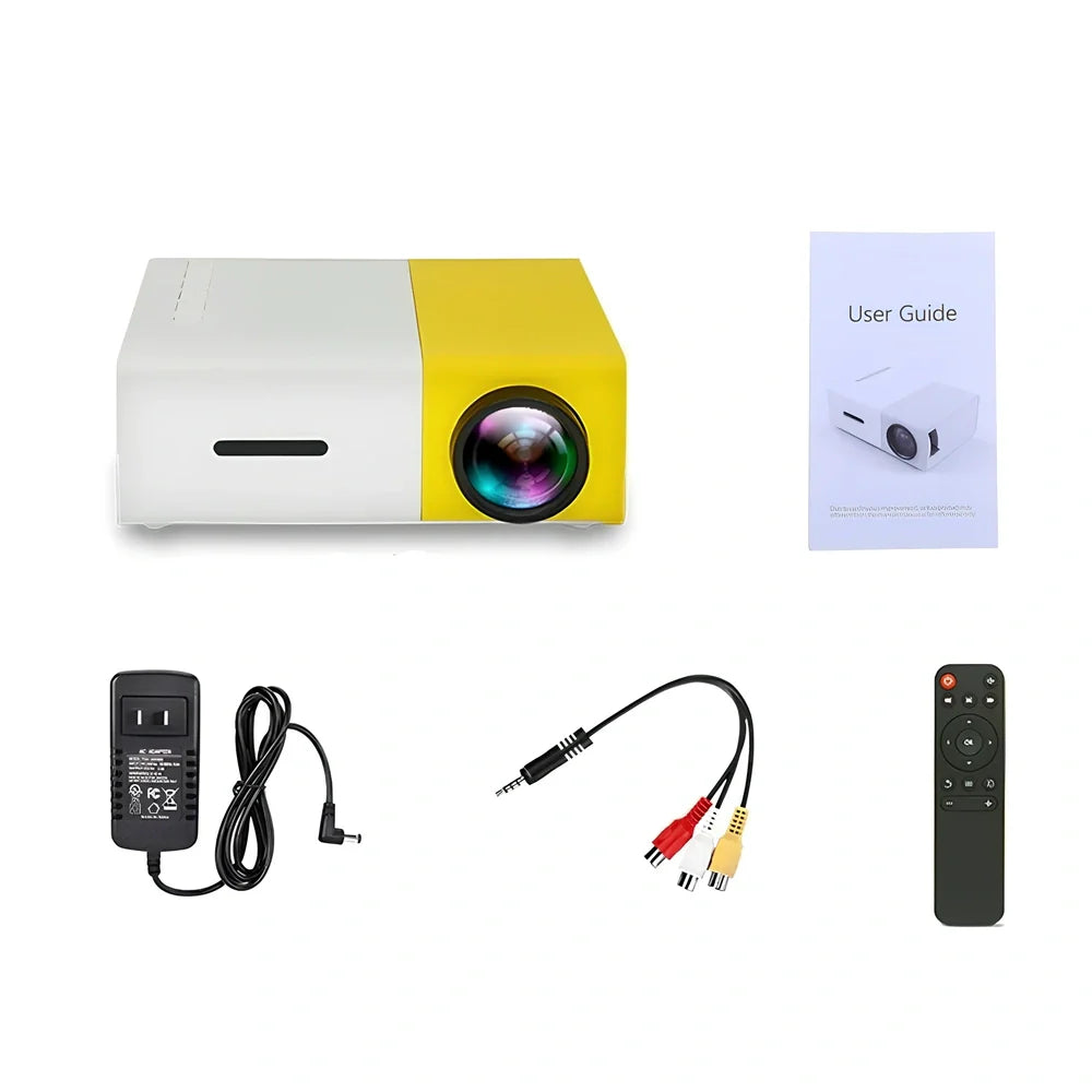 Yellow 1080P LED mini projector with HDMI ports, projecting 80-inch image from 1.2m distance
