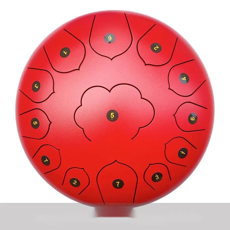12-inch 13-tone ethereal drum in vibrant colours including Chinese red, lavender, and navy blue