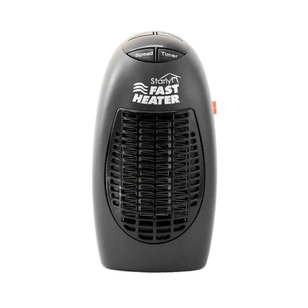 Black mini portable electric heater with digital display and a rotating three-prong plug.