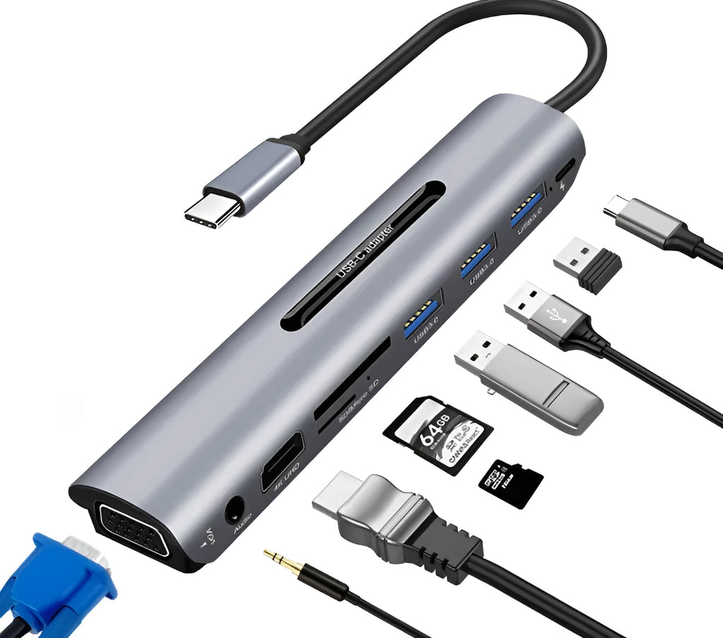 9-in-1 USB C hub docking station in space grey aluminium alloy with round-wire cable