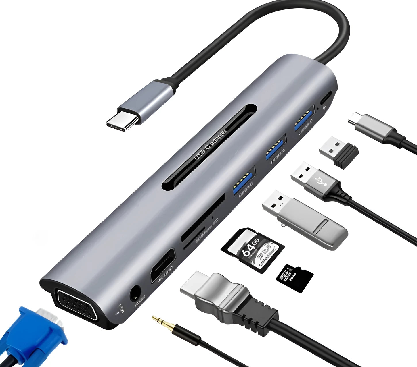 9-in-1 USB C hub docking station in space grey aluminium alloy with round-wire cable