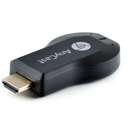 Compact 1080p wireless HDMI dongle in black, 6cm long with USB cable for TV streaming