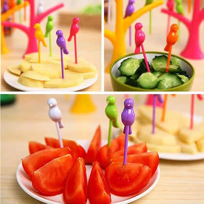 Kids' plastic fruit fork set with tree and birds design in vibrant colours