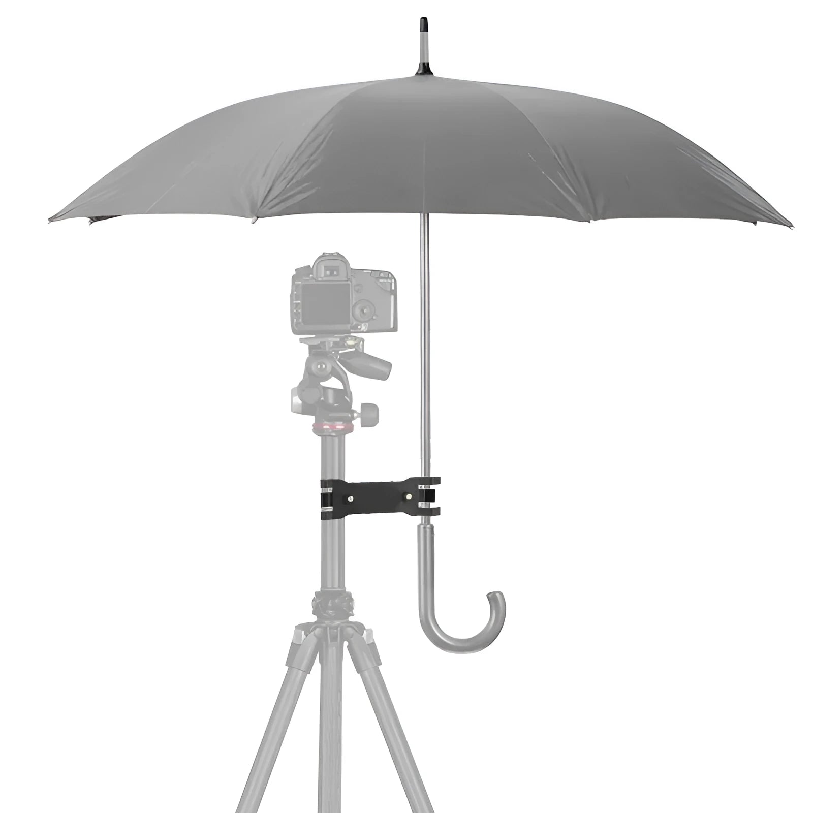 Black ABS plastic umbrella clip attached to a camera tripod shaft holding a compact umbrella.