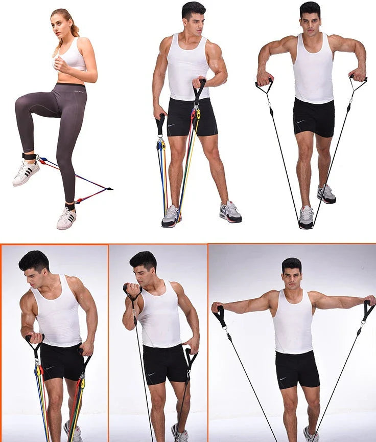 Portable Fitness Rally set with five resistance bands, handles, and ankle straps for comprehensive workouts
