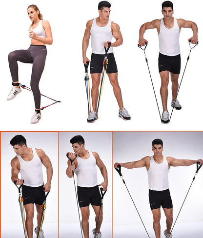 Portable Fitness Rally set with five resistance bands, handles, and ankle straps for comprehensive workouts