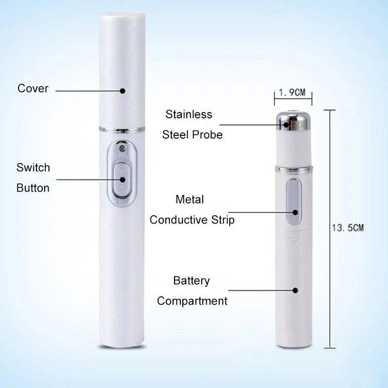 Blue Light Therapy Pen for treating acne, scars, and wrinkles with precise blue light, warming, and microcurrent technology