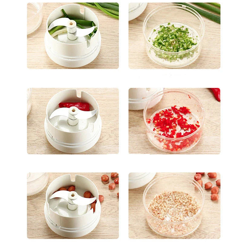 Manual cutting meat grinder with stainless steel blades on a kitchen counter