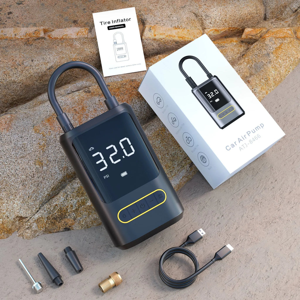 Handheld wireless digital display car tyre inflator with LED light and attached air hose