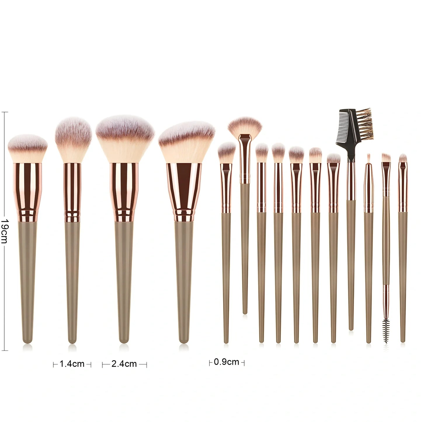 15-piece brown makeup brush set with 19cm lengths and 4cm man-made fibre eye shadow brush