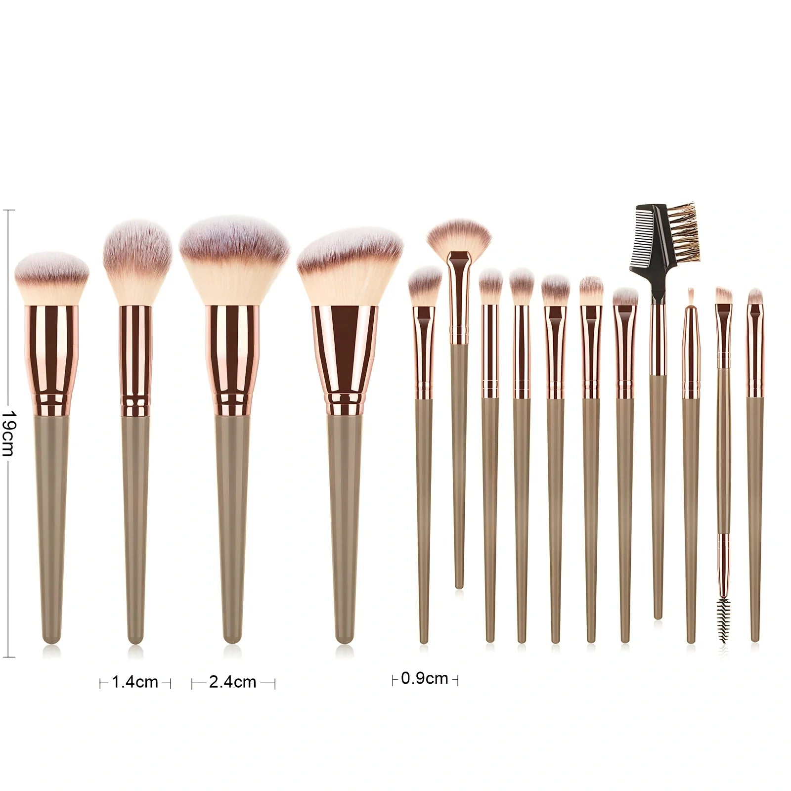 15-piece brown makeup brush set with 19cm lengths and 4cm man-made fibre eye shadow brush