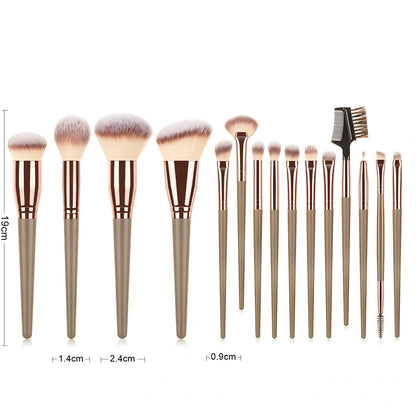 15-piece brown makeup brush set with 19cm lengths and 4cm man-made fibre eye shadow brush
