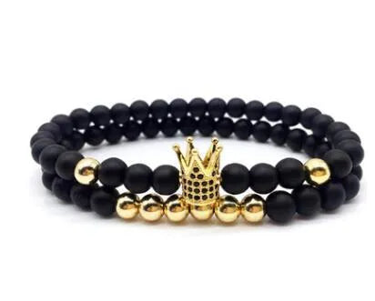 Micro-inlaid crown 6mm matte black copper bead bracelet with copper inlaid zircon on white background