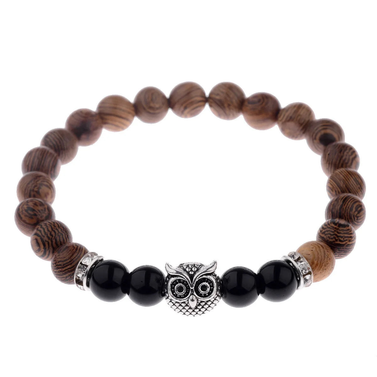 Owl frosted stone lifeline wood grain bracelet in black and gold, adjustable for a perfect fit