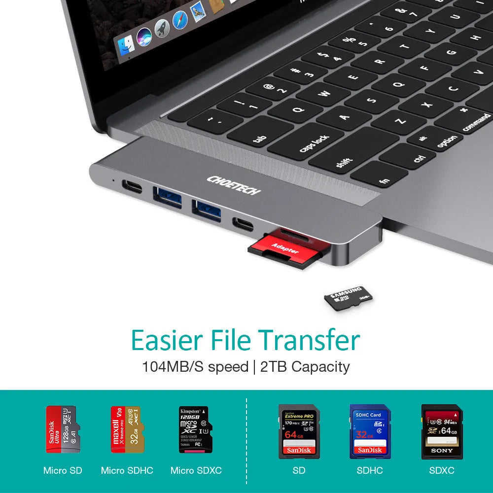 Silver aluminium USB-C hub adapter with SD card slot, HDMI, USB ports, and Thunderbolt 3