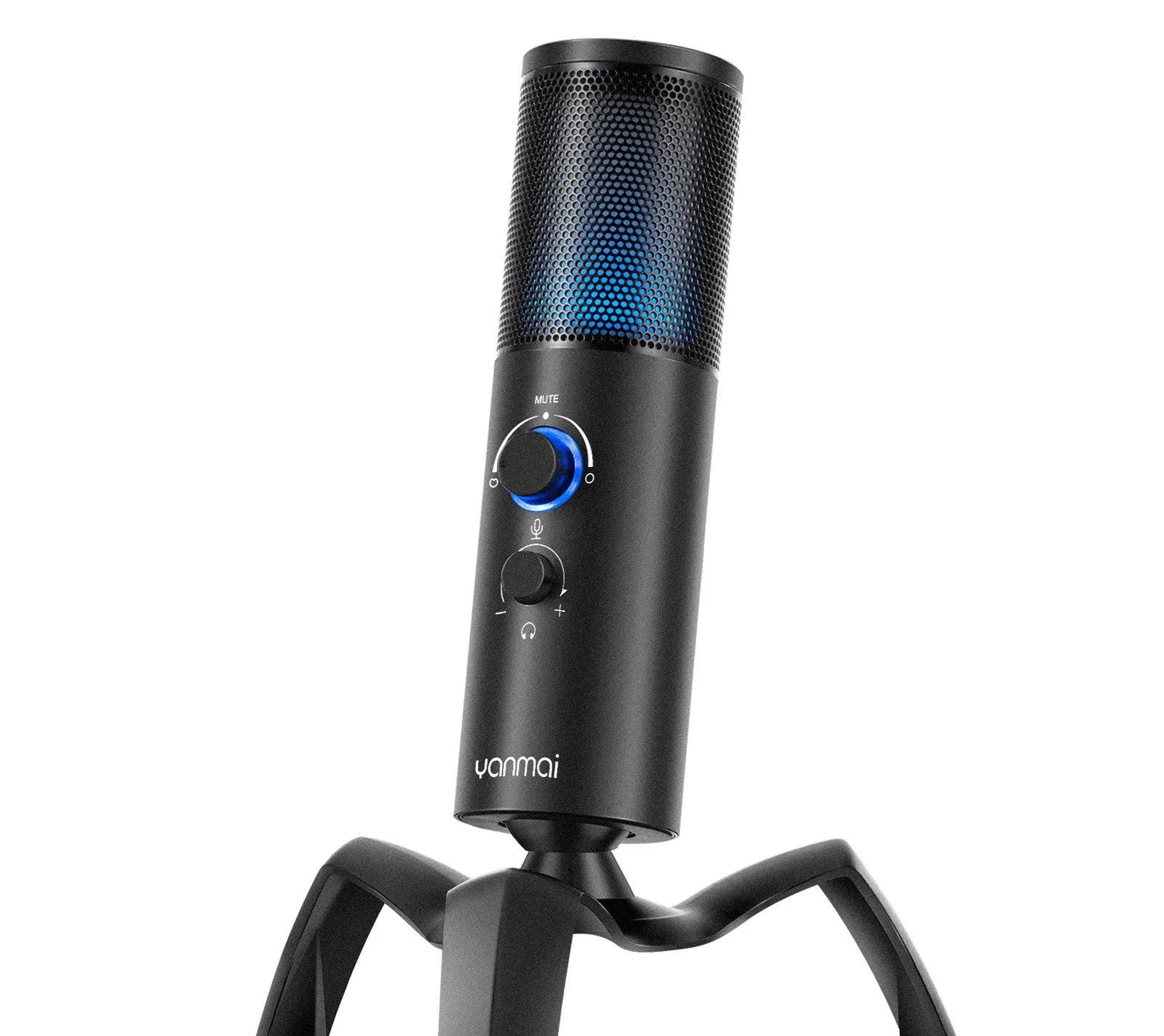 Black Q18 directional condenser microphone with RGB lighting on adjustable tripod stand