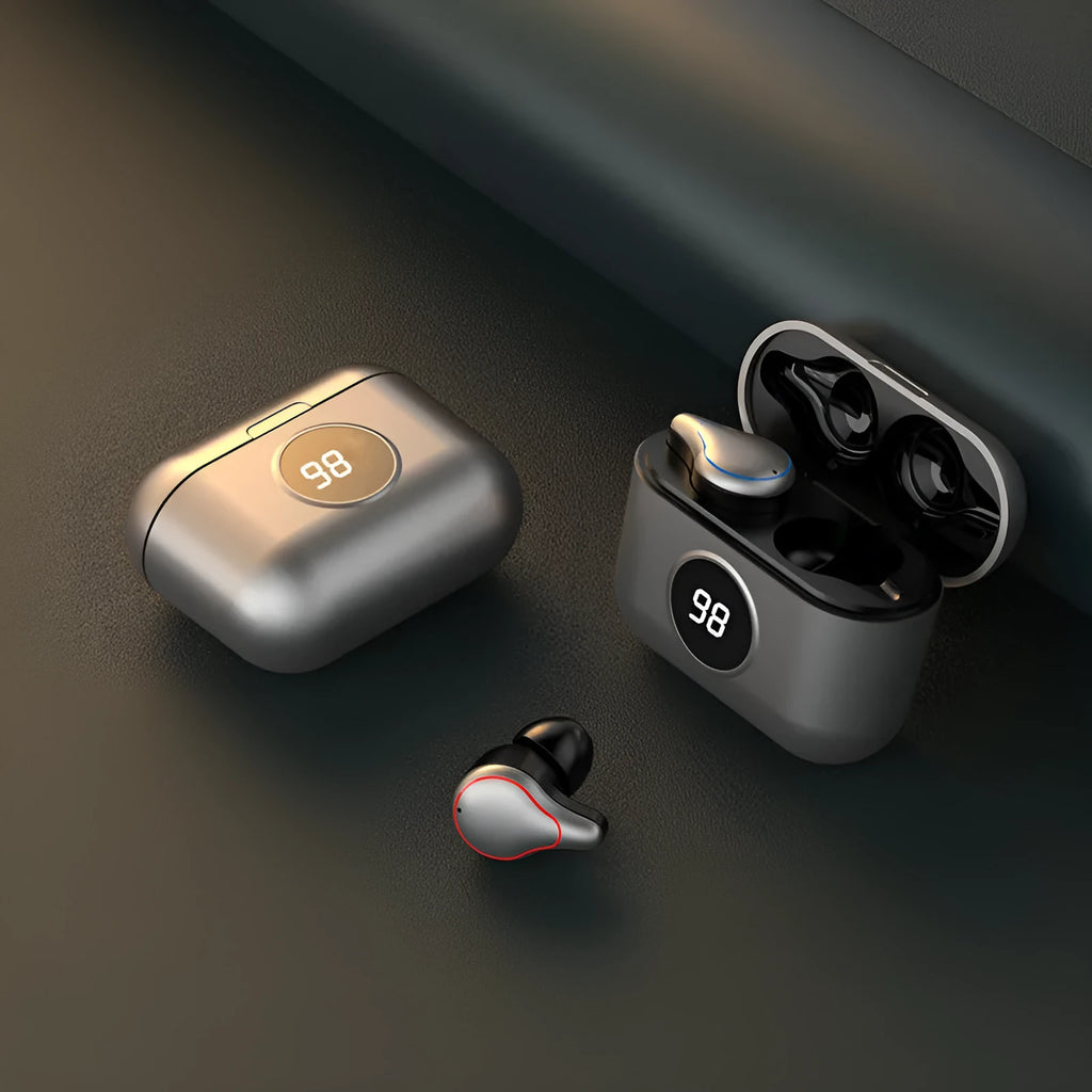 Black and blue in-ear Bluetooth wireless earbuds with an earplug-style design.