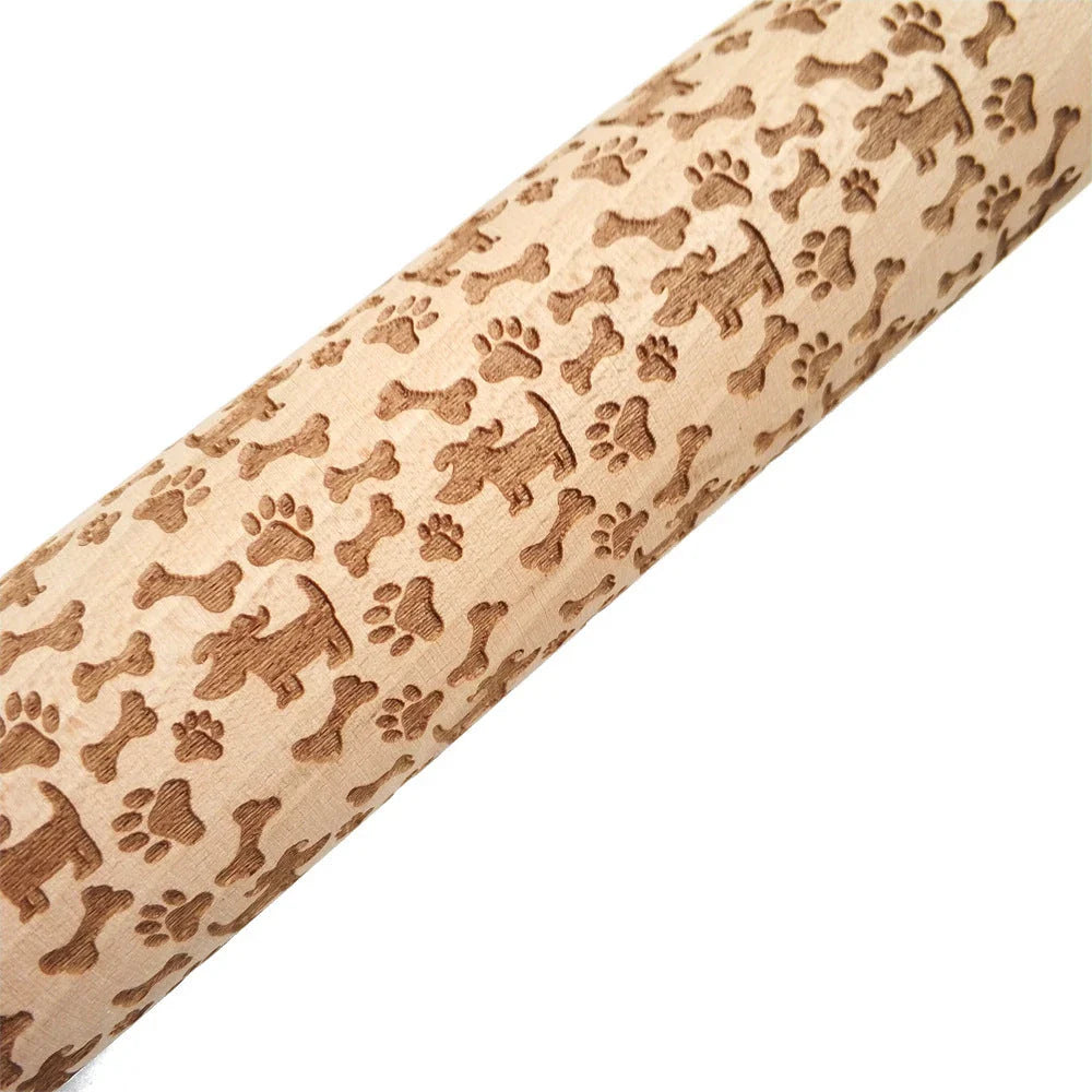 Wooden Christmas embossing rolling pin with non-stick surface for festive baking