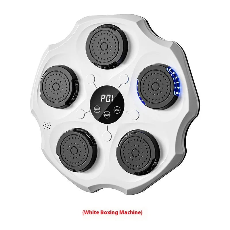 Black Bluetooth music-responsive boxing wall target mounted on a wall with boxing gloves.