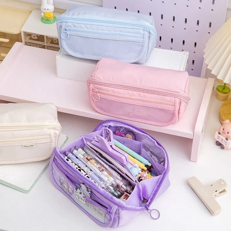 Korean style canvas pencil box with ten-layer flip design in multiple colour options
