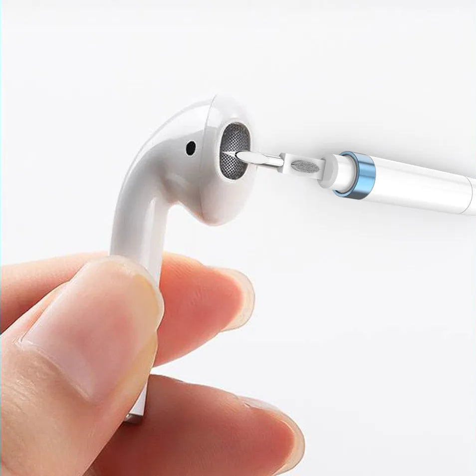 Blue cleaning pen for headphones and keyboards with metal nib and brush.