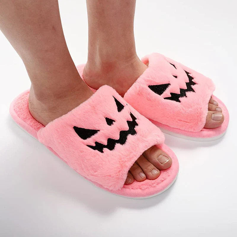 Halloween-themed women's winter slippers with rabbit fur upper in various colours
