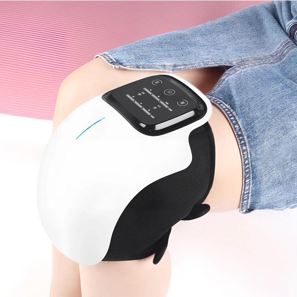 Smart knee massager with adjustable straps and LED display showing intensity levels
