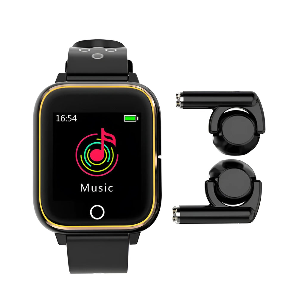 Black smartwatch with integrated Bluetooth earbuds showing heart rate monitoring on 1.4-inch display