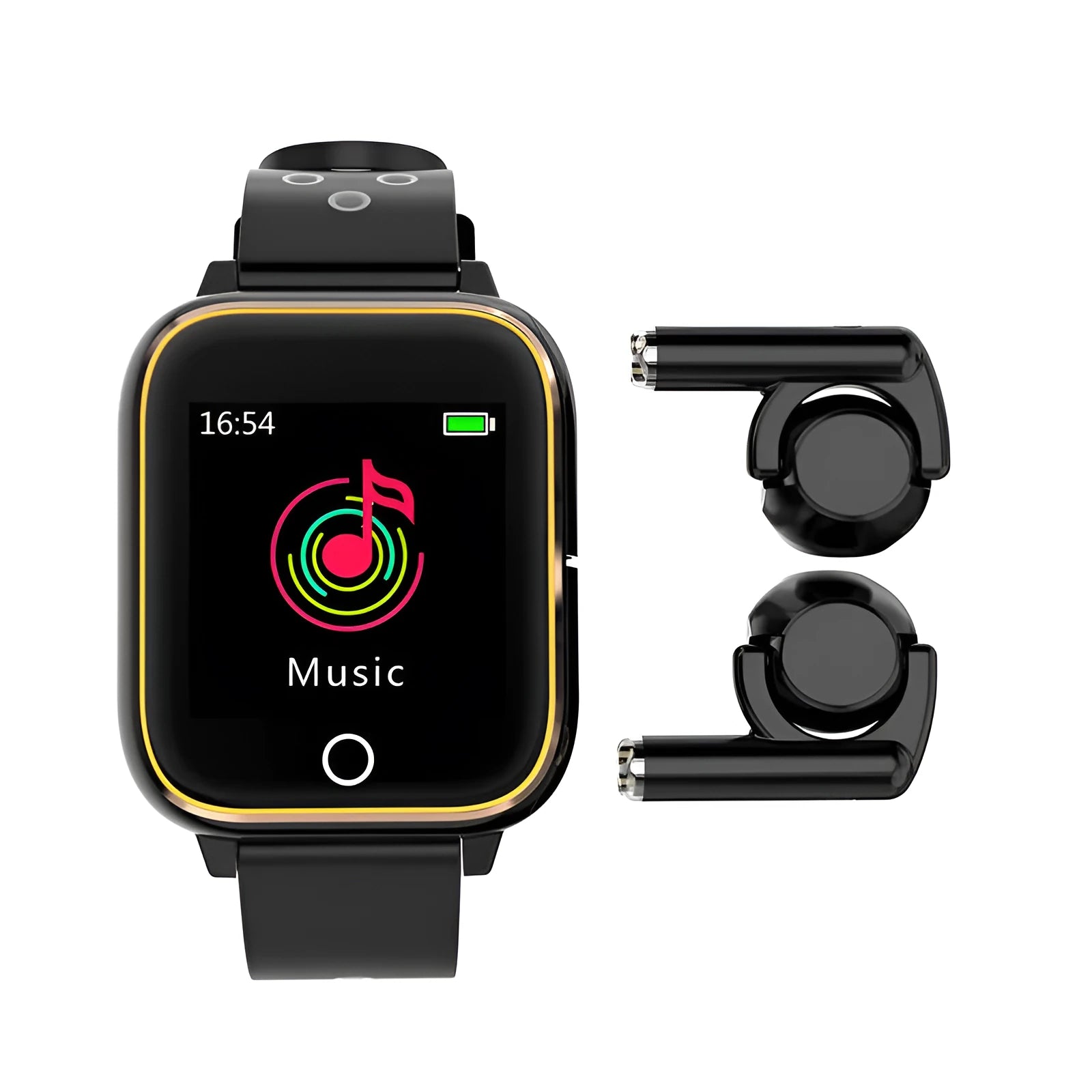 Black smartwatch with integrated Bluetooth earbuds showing heart rate monitoring on 1.4-inch display